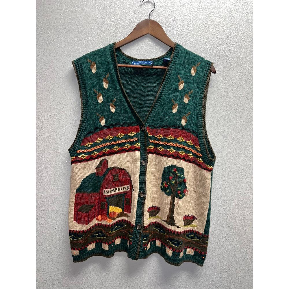 Womens Karen Scott Fall Sweater Vest Pumpkins Green Multicolor Missing Button L